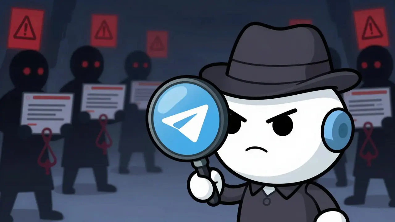 Animated Telegram bot detective warning against shady scammers in a dark, stylized background.