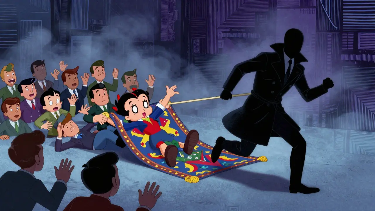 Animation style scene of a developer running away with a rug, leaving investors falling behind.