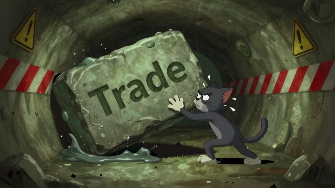 Cartoon cat struggling to push a heavy trade block through a sticky tunnel