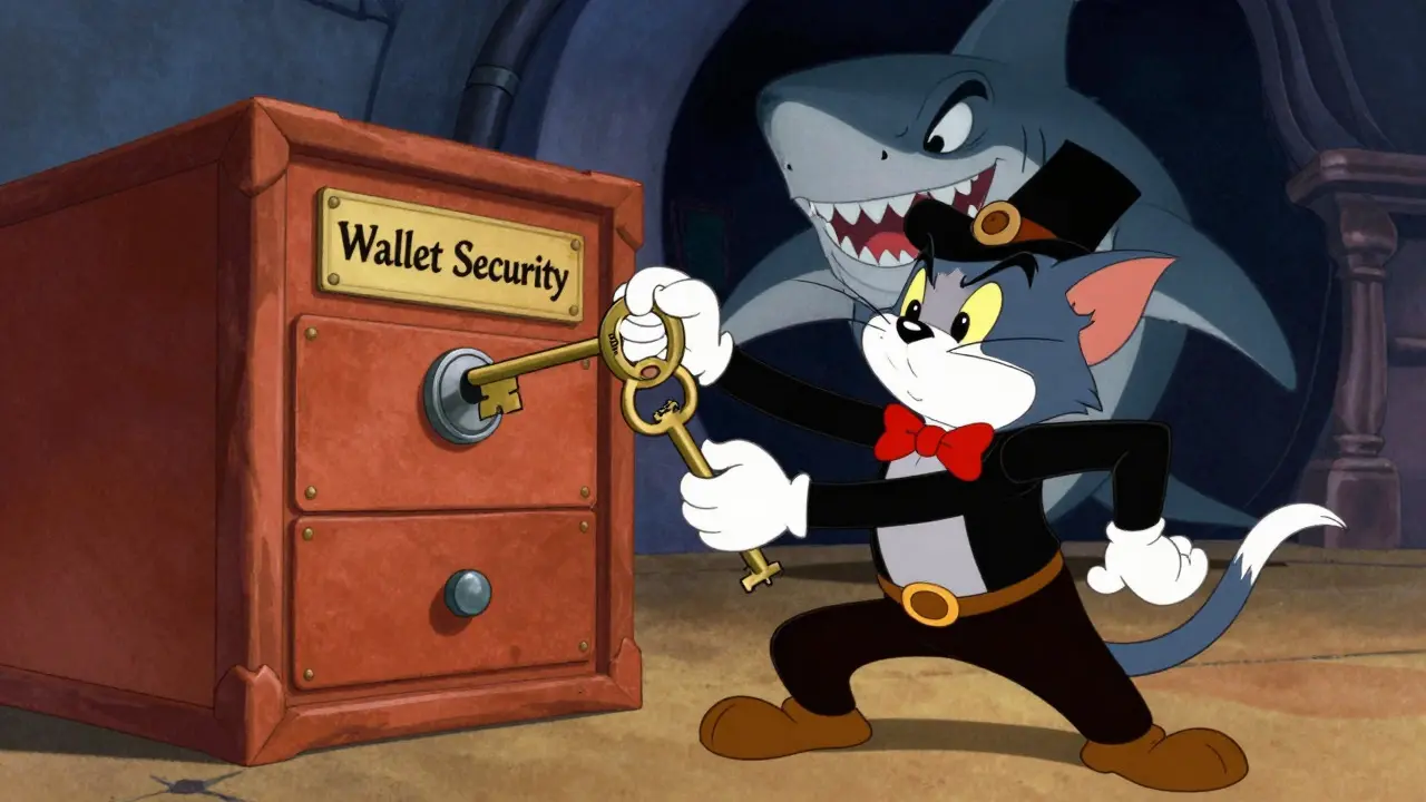 Cartoon character securing wallet from scams using burner method