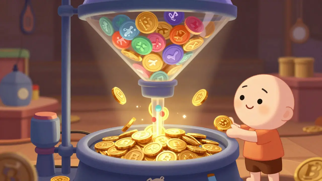 Cartoon characters converting various colorful tokens into unified gold coins via a magical funnel.