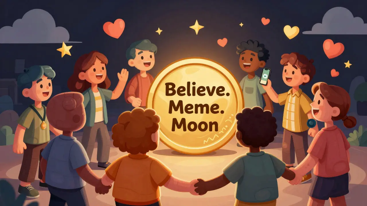 Cartoon community cheering together under looming regulatory clouds.