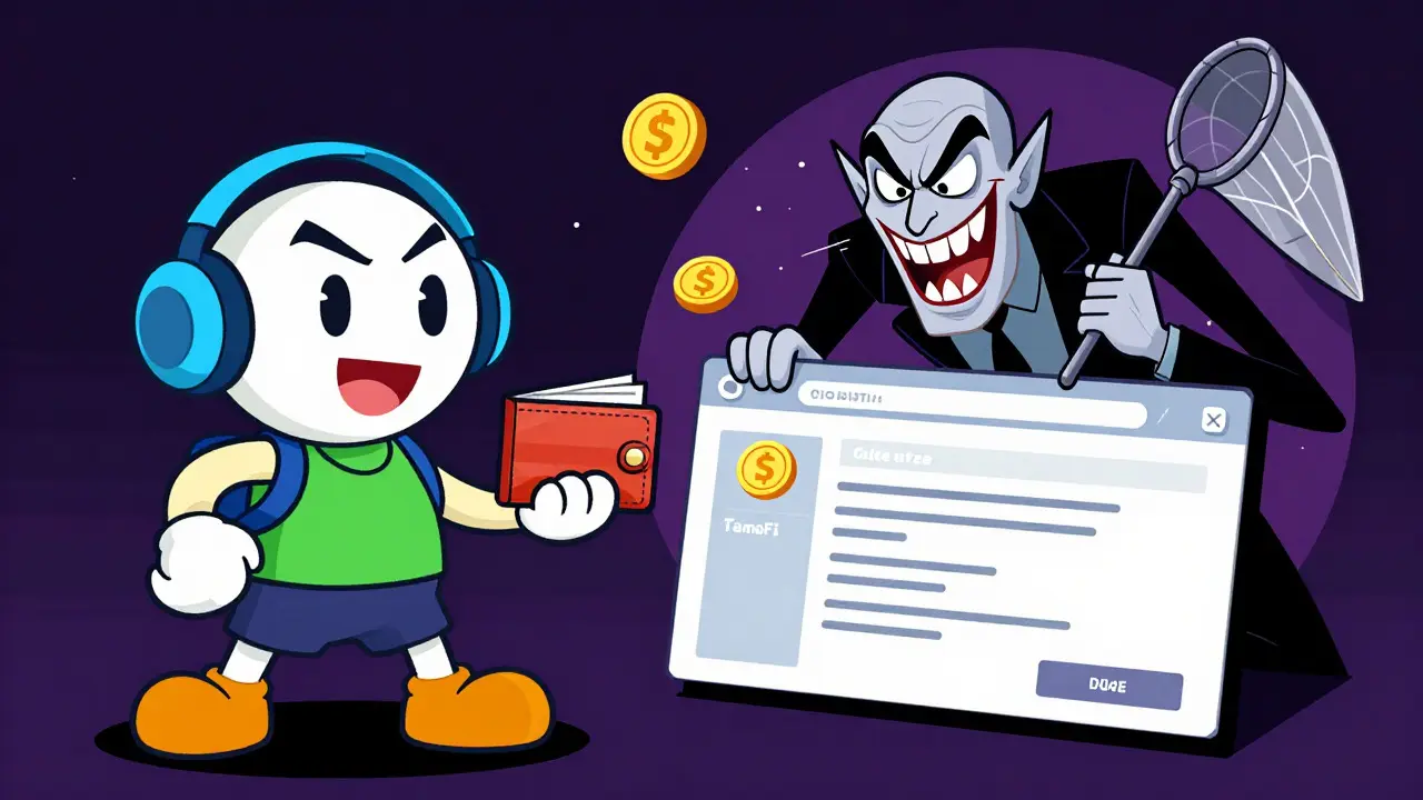 Cartoon gamer facing a sinister scammer villain stealing tokens