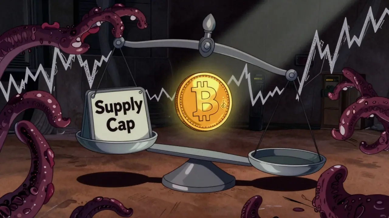 Cartoon gold coin on unstable scale surrounded by chaotic price chart monsters