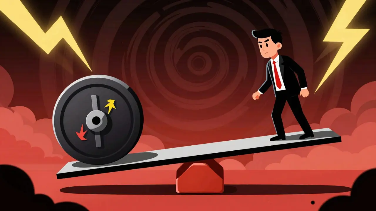 Cartoon investor balancing on a brick seesaw amidst stormy skies