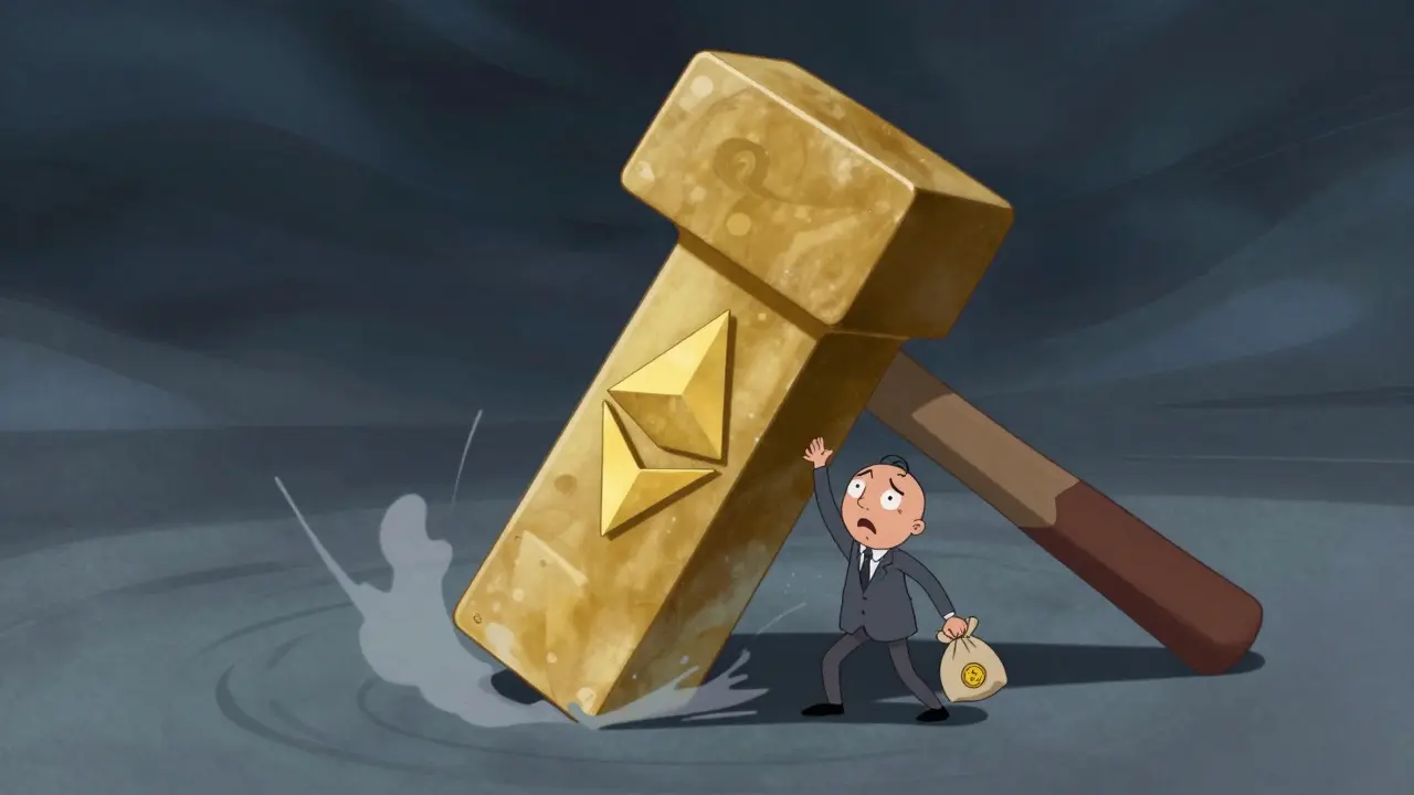 Cartoon investor crushed by a giant golden hammer symbolizing high blockchain transaction fees.