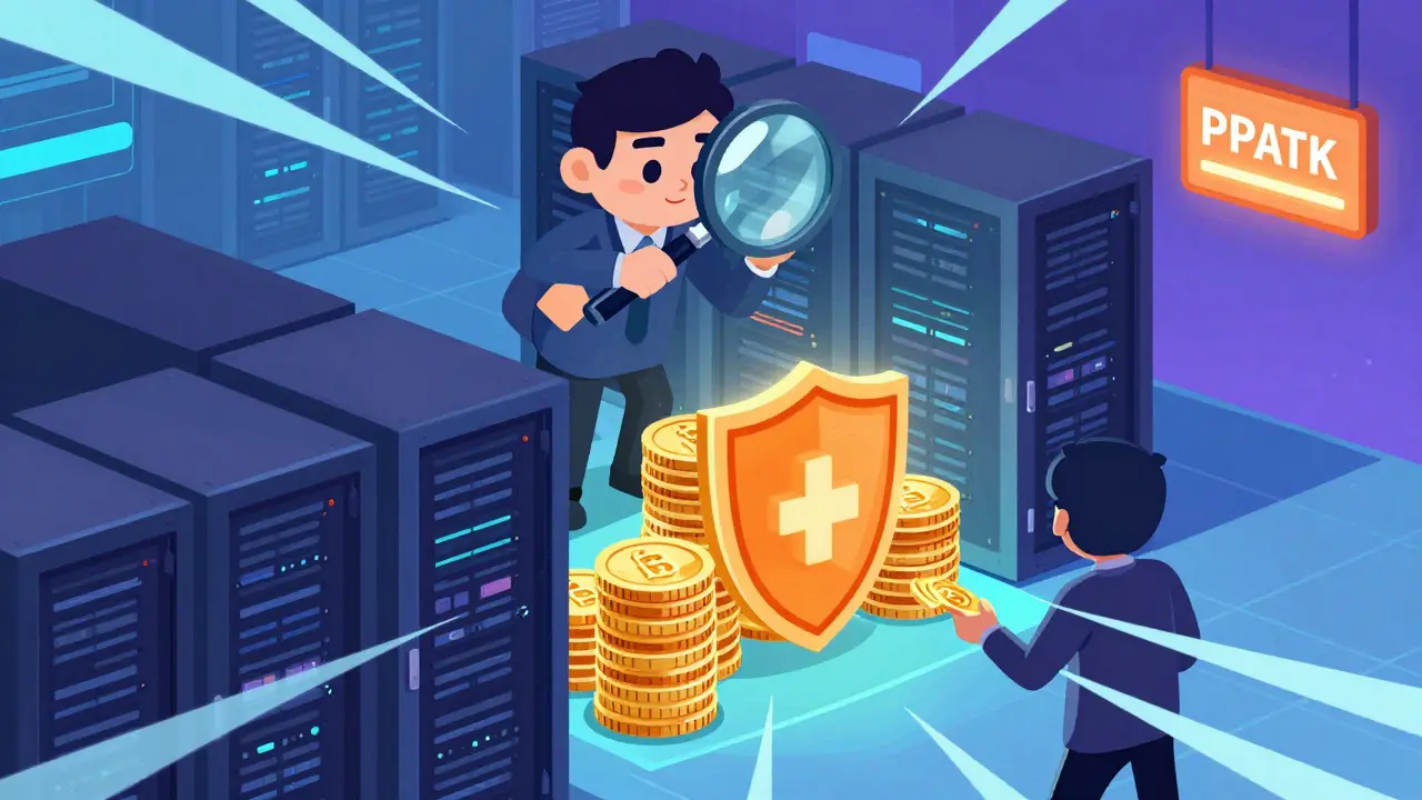 Cartoon showing secure servers and regulators monitoring crypto transactions