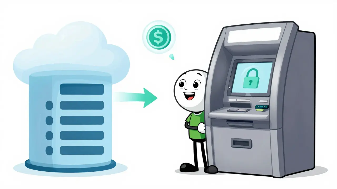 Character using digital transfers instead of cash at a stylized ATM