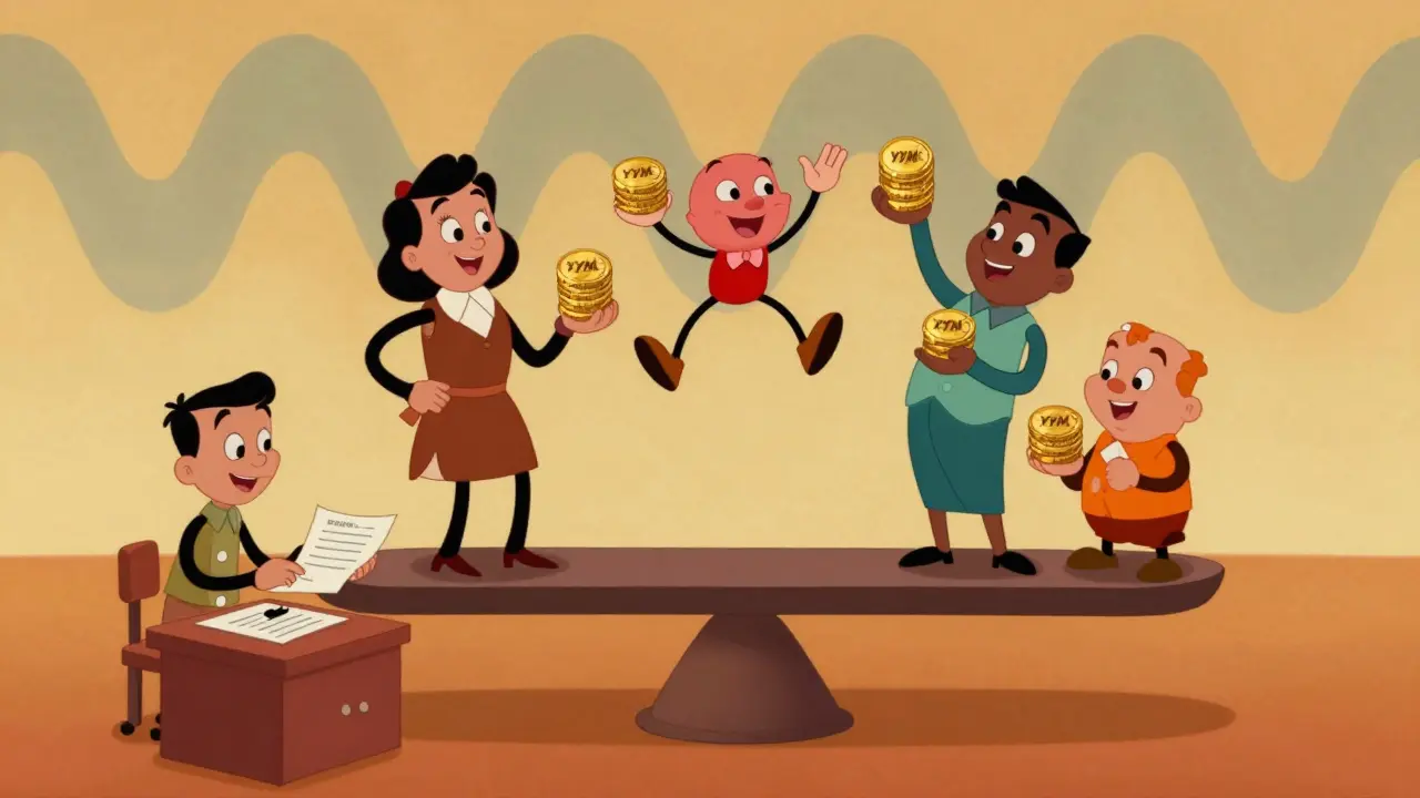 Characters balancing stakes and activity on a scale