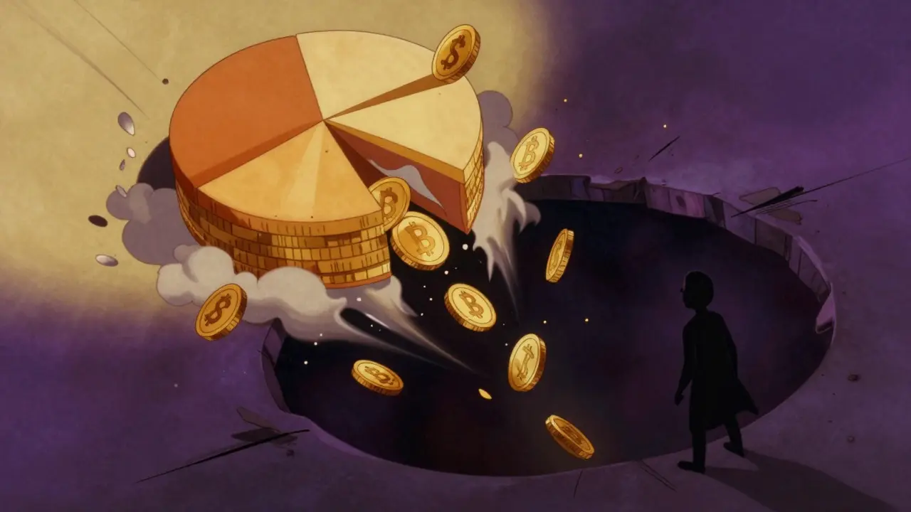 Coins crumbling into a dark abyss, illustrating the sharp decline in token value.