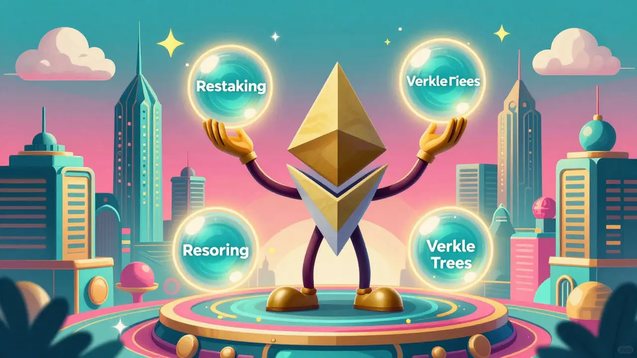 Ethereum character juggling restaking orbs in city