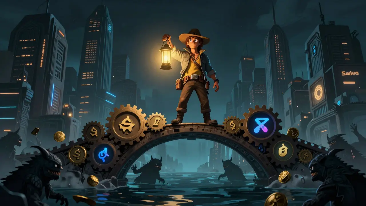 Explorer crossing a gear-bridge with a BNSOL lantern, avoiding shadows below.