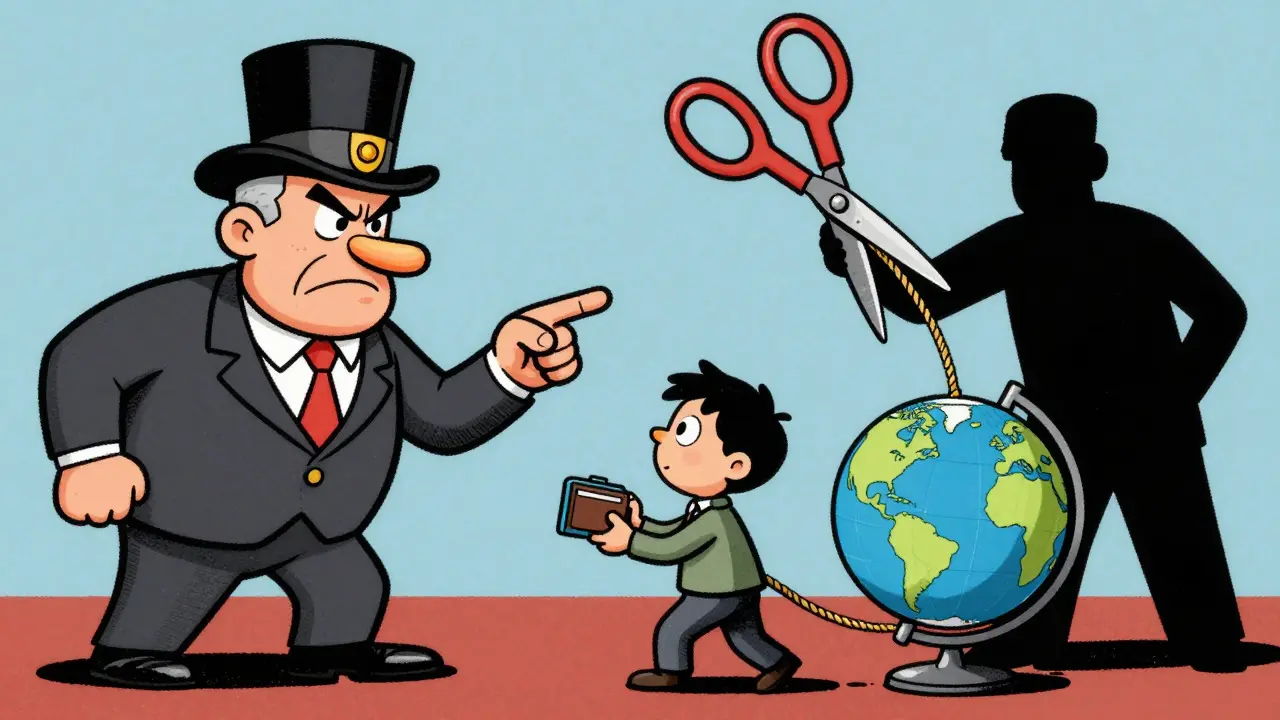 Government official pointing at citizen while sanctions cut global ties