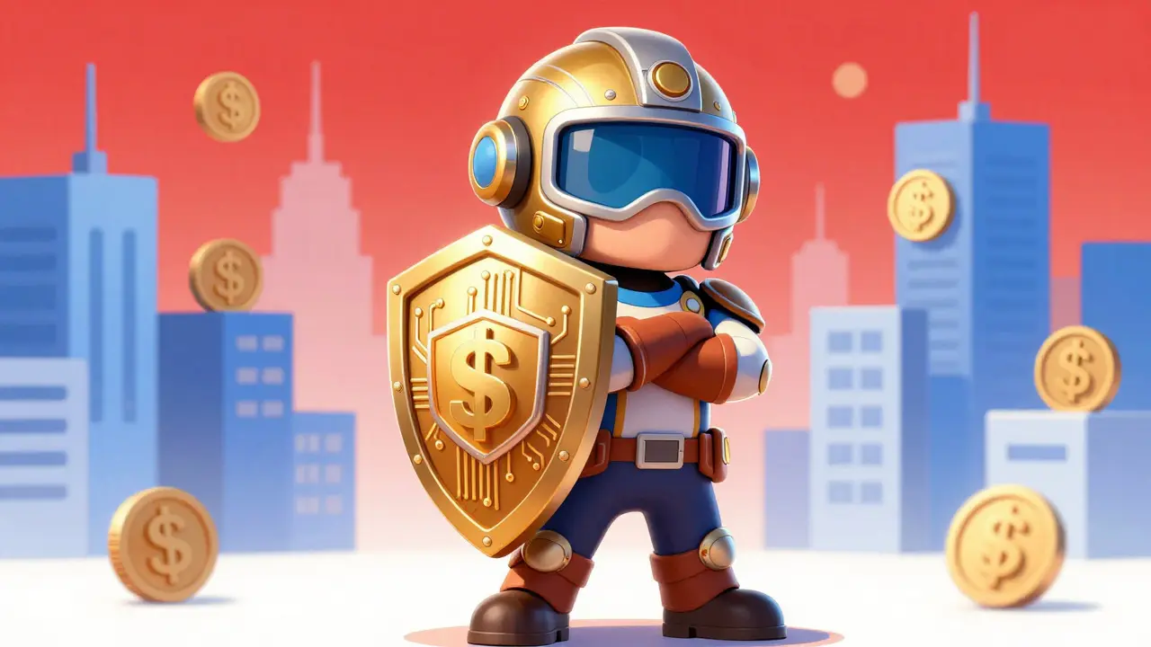 Heroic shield character with circuit patterns standing protectively in a blockchain city