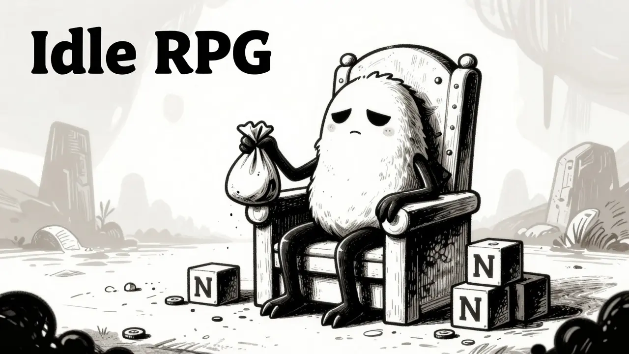 Idle digital monster sitting on NFT blocks in a faded, stagnant landscape.