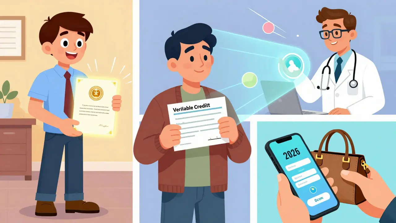 Illustration of students, doctors, and shoppers using digital IDs