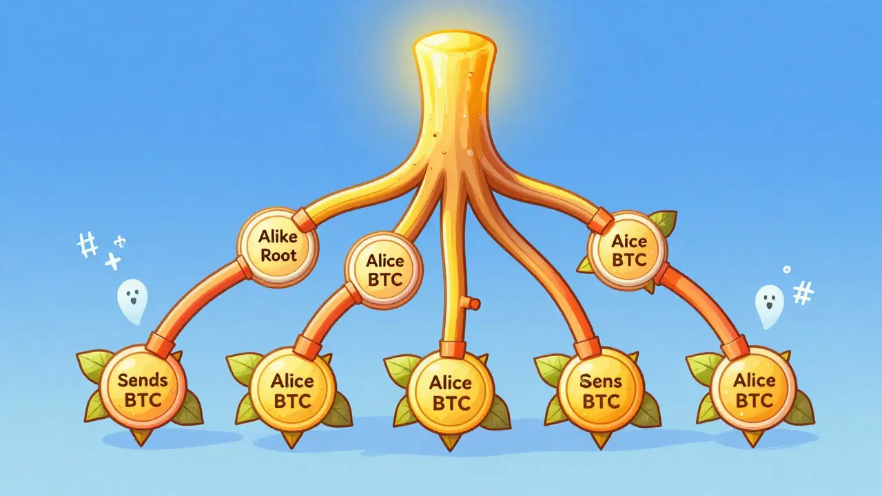 Inverted Merkle tree with glowing golden root