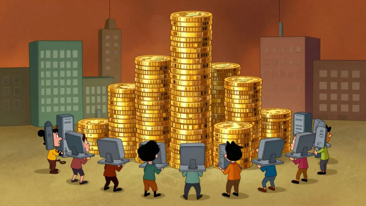 Large coin figure looming over small solo stakers