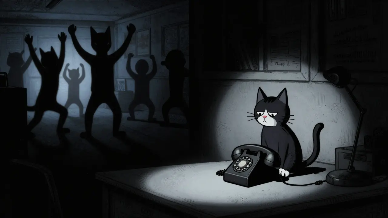 Lonely cartoon cat in a dark room while others celebrate in the background