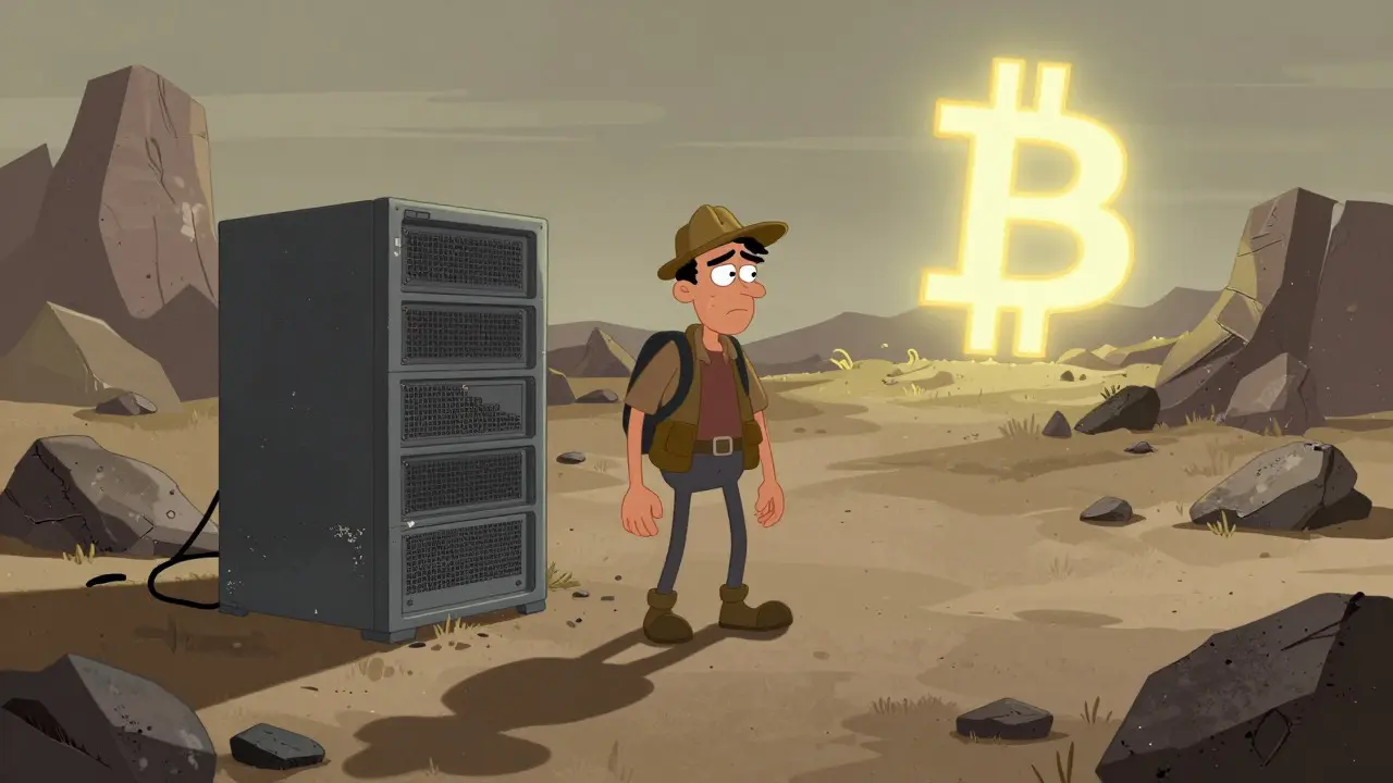 Lonely miner with broken equipment under a bright Bitcoin symbol