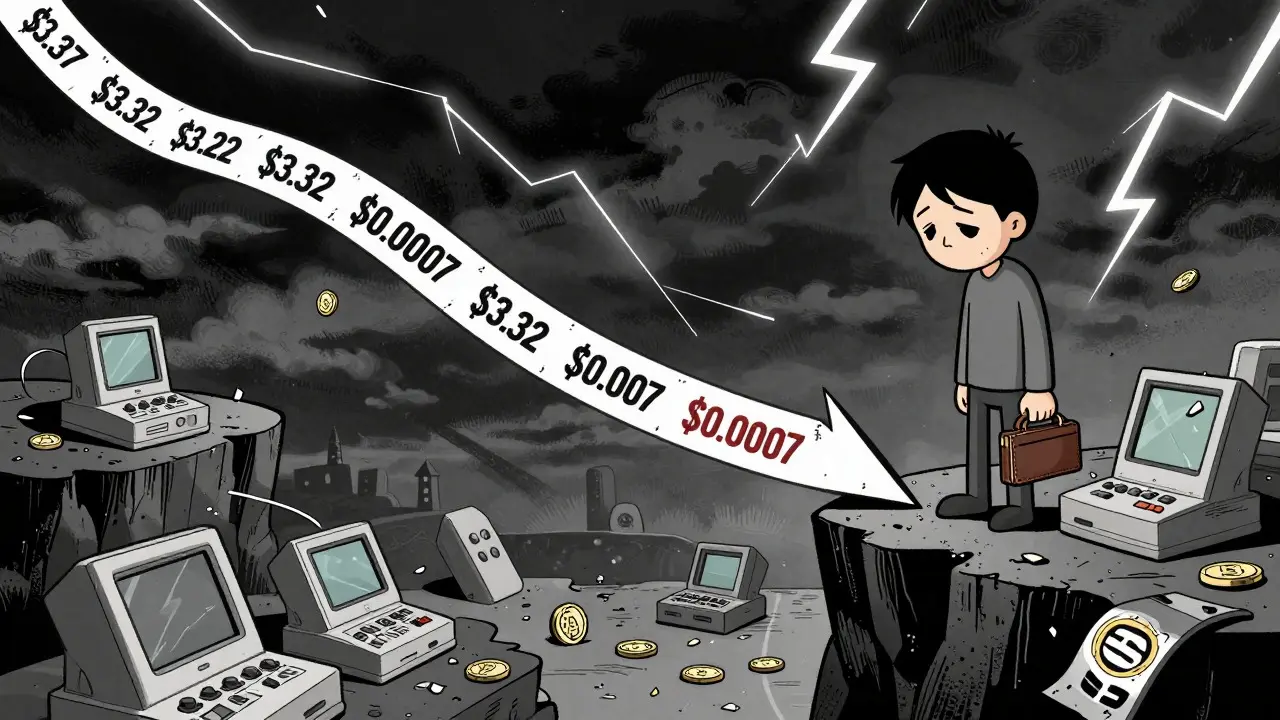 Sad character watching ELMON price drop on a ticker tape into an abyss.