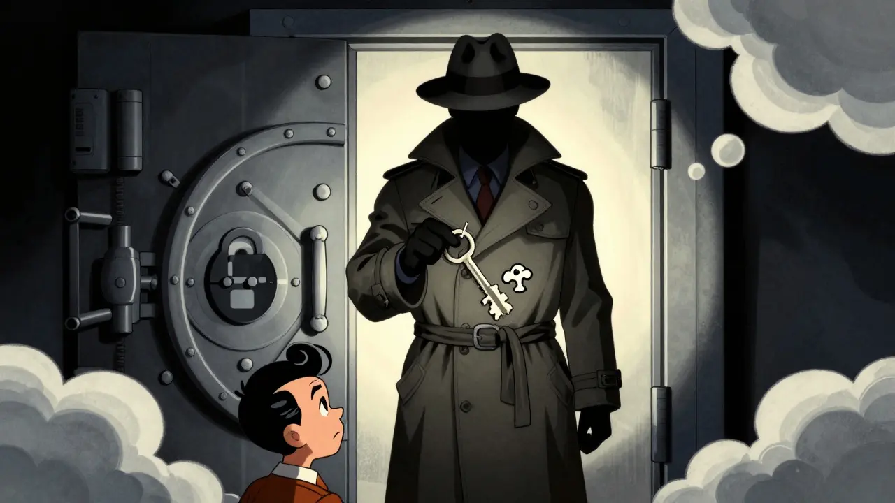 Shadowy figure behind locked vault with broken key, symbolizing anonymous crypto risk