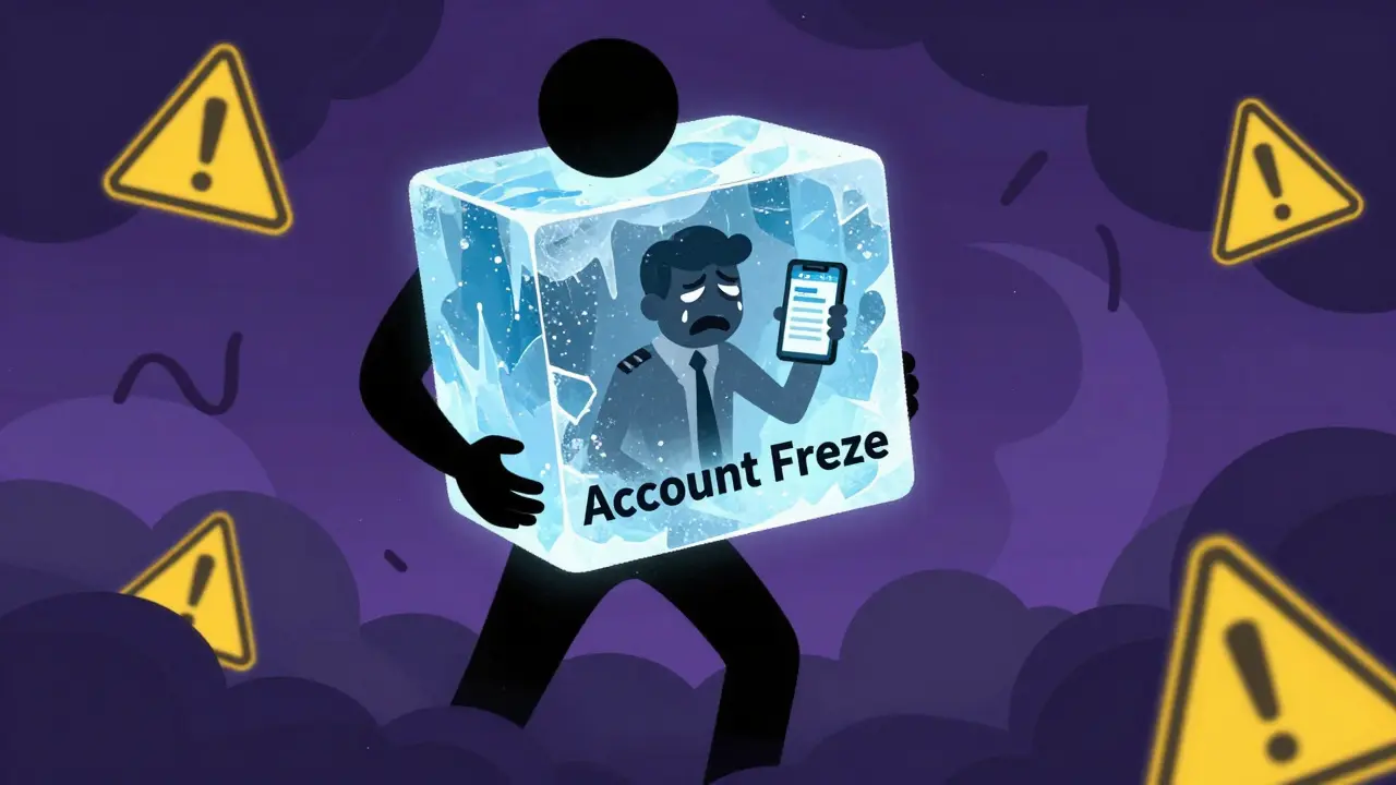 Shadowy figure freezing a trader's account in vintage animation style