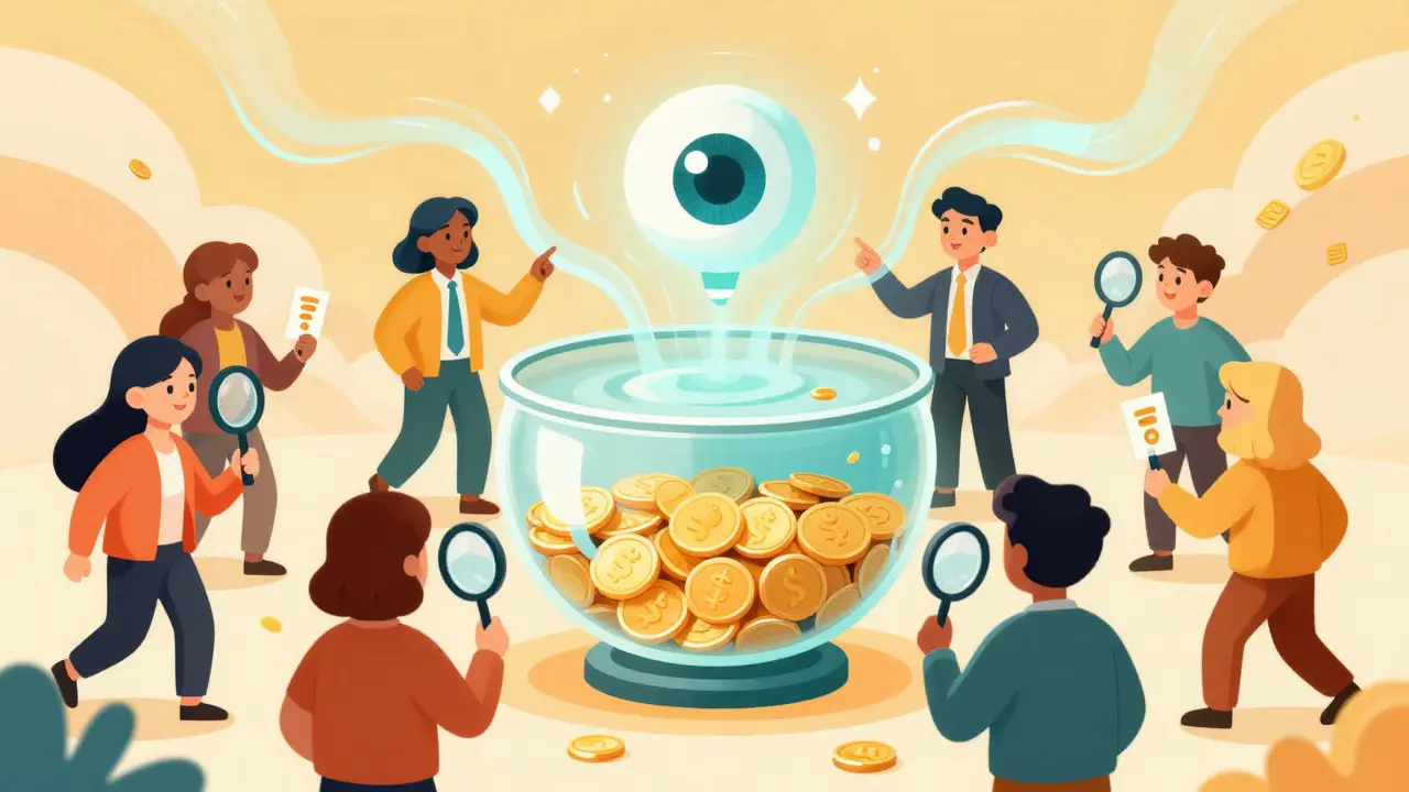 Stylized community members voting around a golden pool, overseen by an oracle eye