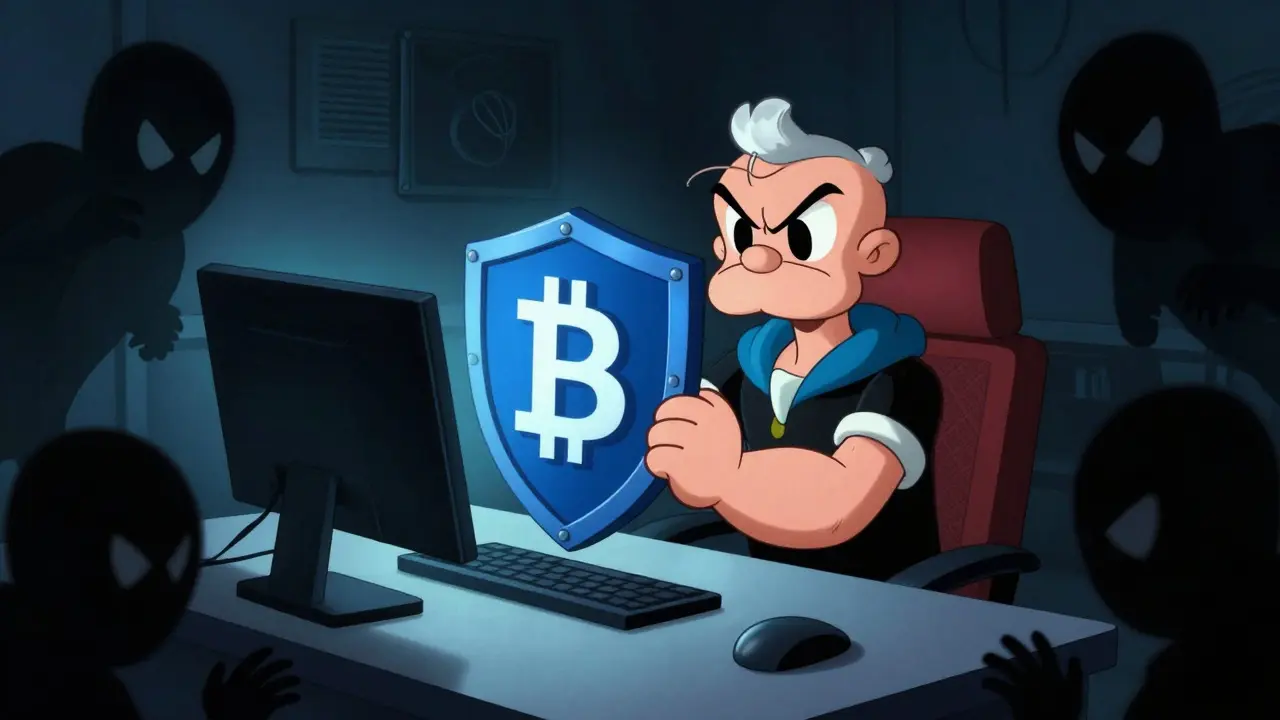 Stylized gamer shielding assets from shadowy scammers