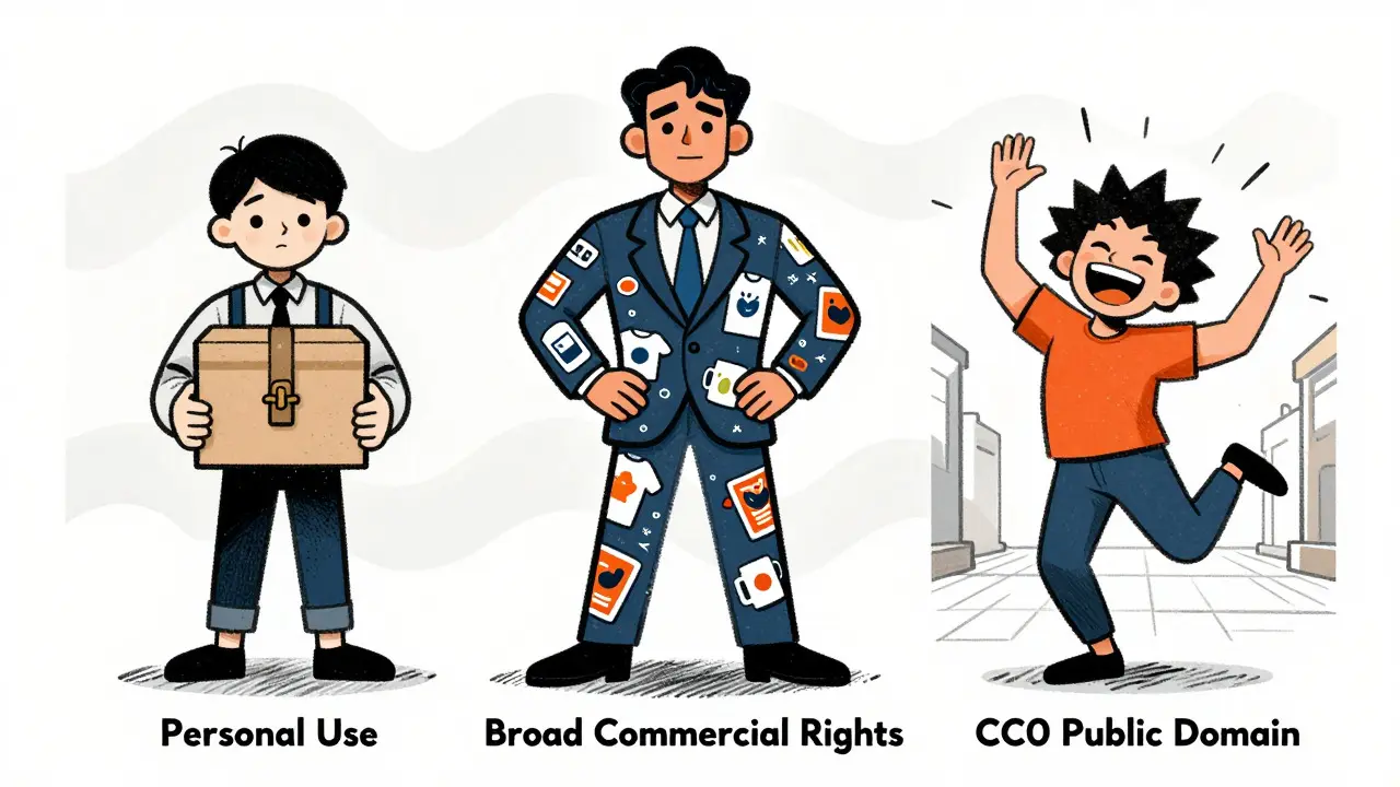 Three cartoon figures representing different NFT license types