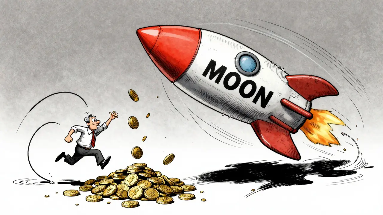 Tiny coin pile vs huge rocket illustrating high volatility and low liquidity.