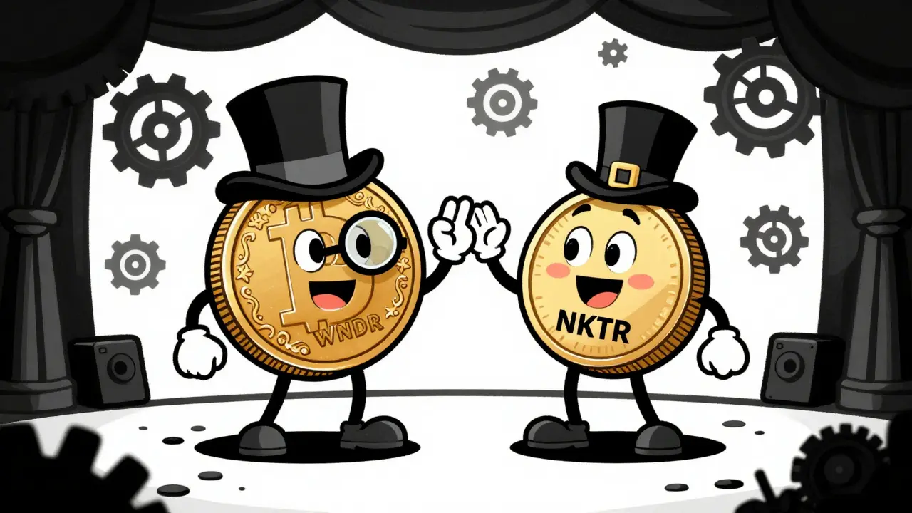 Two anthropomorphic coins representing dual tokens interacting on a vintage theatrical stage.