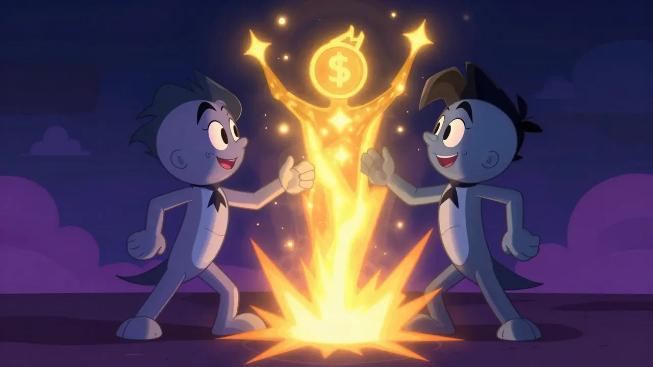 Two cartoon heroes merging into one magical figure