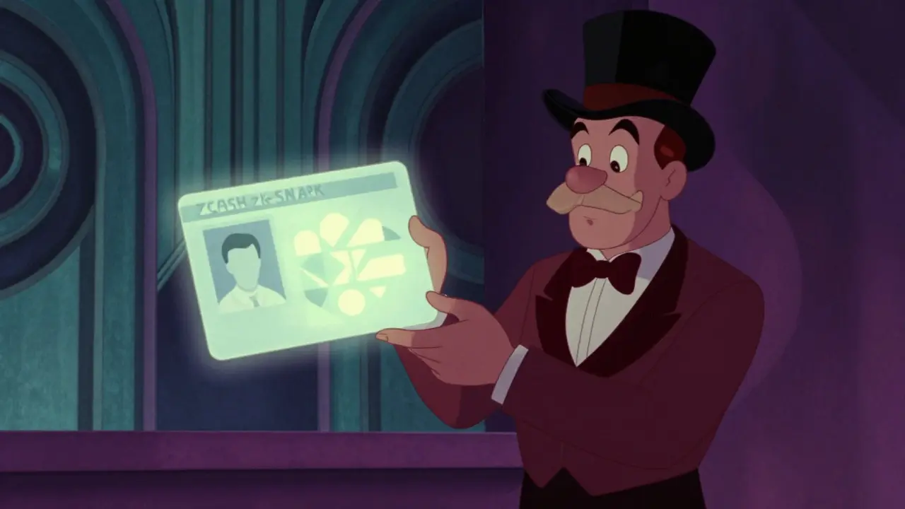 Vintage cartoon showing zero-knowledge proof with glowing abstract ID