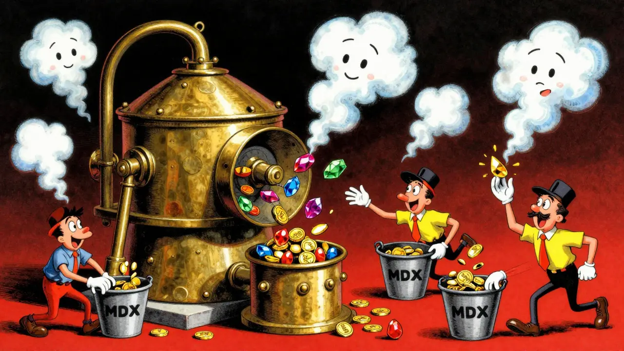 Whimsical 1930s style factory where cartoon workers mine MDX tokens via machinery.