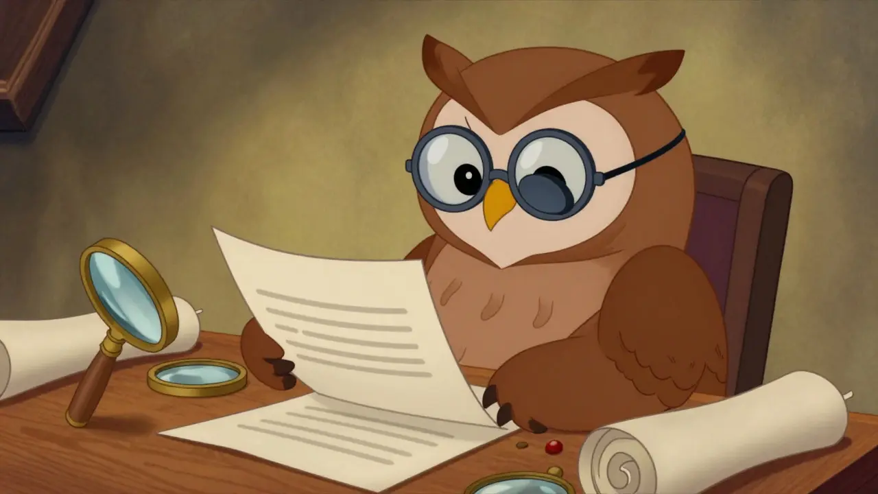 Wise owl inspecting documents with magnifying glass on desk