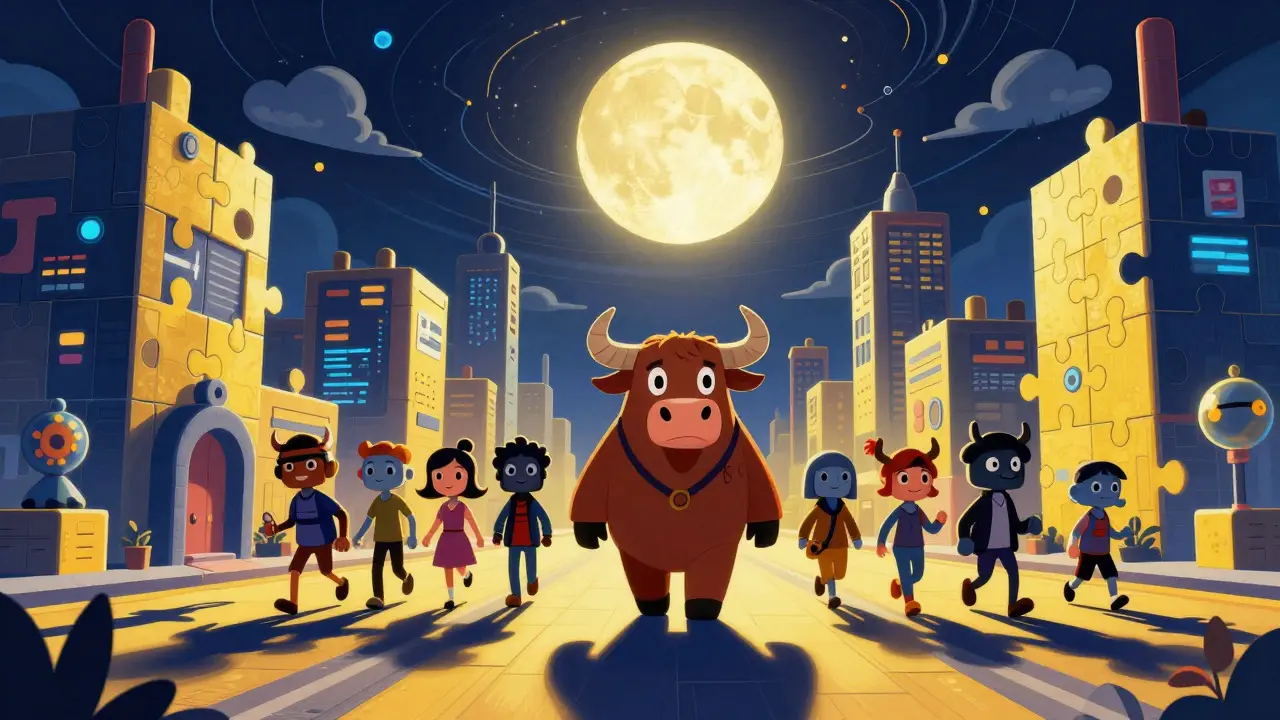 A cartoon bull leading characters through a futuristic, puzzle-piece city