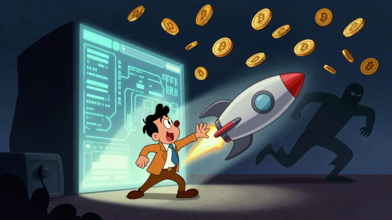 A cartoon founder launching a software rocket while complexity fades into the background.