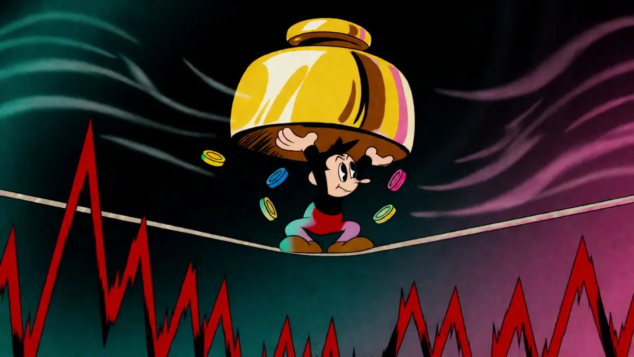 Animated character balancing high leverage on a tightrope