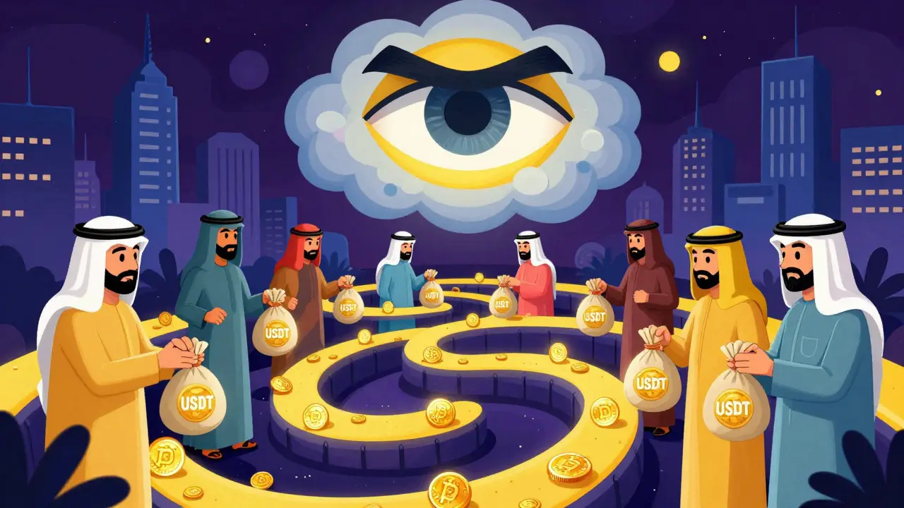 Animated people trading crypto in underground tunnels