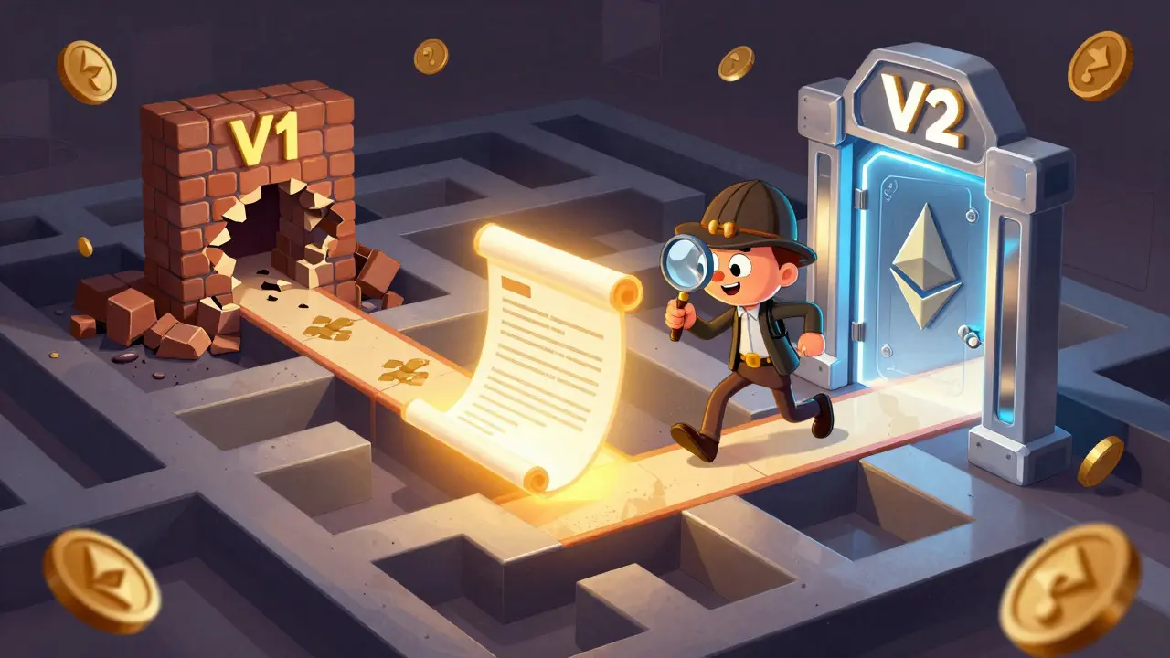 Cartoon character choosing between a broken V1 path and a secure V2 gate in a digital maze