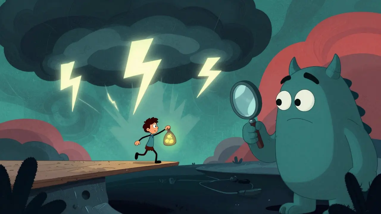 Cartoon figure balancing on a plank above an abyss with storm clouds overhead