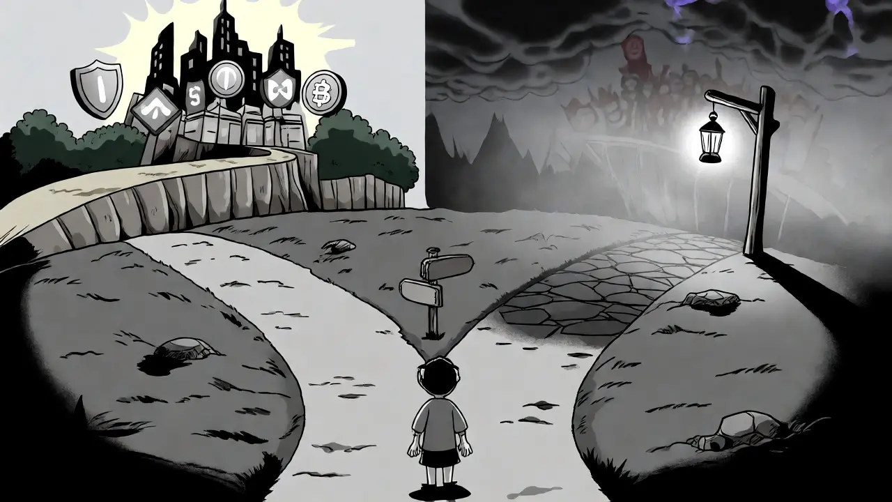 Cartoon figure choosing between bright major exchange and foggy risky path.