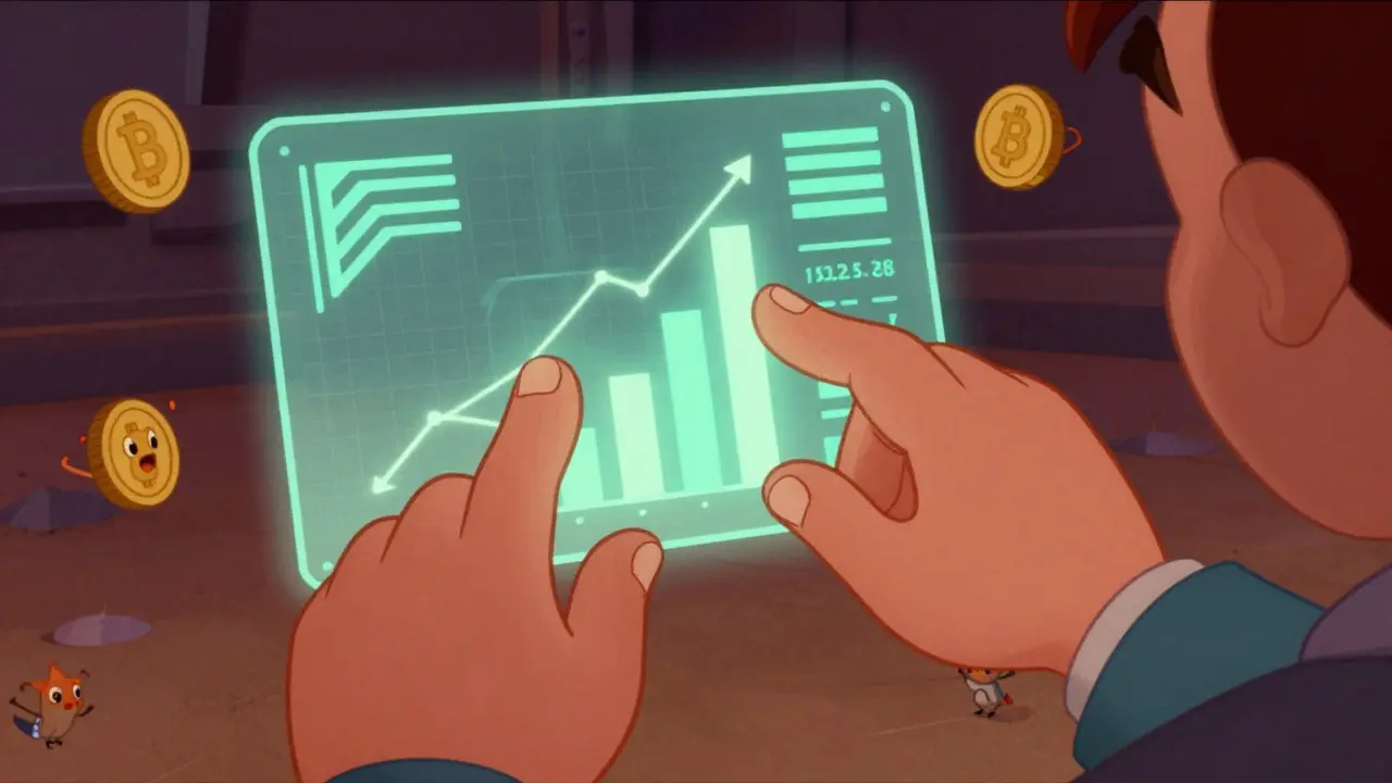 Cartoon hands interacting with a glowing holographic interface showing rewards