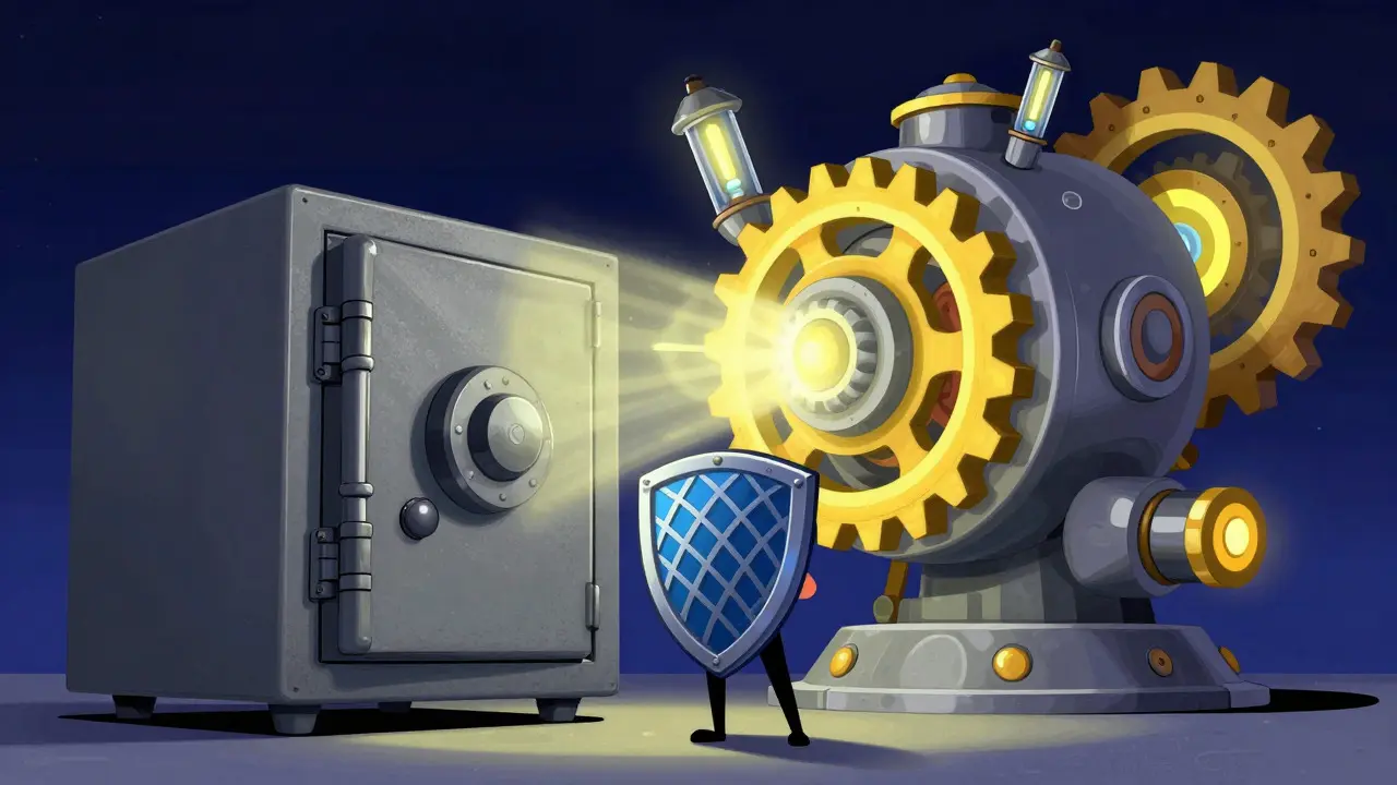 Cartoon showing a quantum computer looming over a safe protected by a lattice-patterned shield