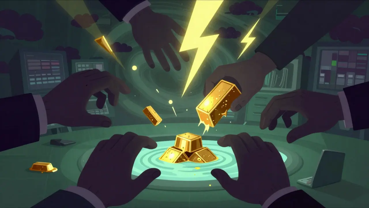 Cartoon showing giant hands grabbing a small pool of gold to represent low crypto liquidity