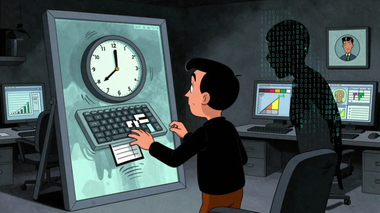 Character seeing computer icons in a mirror while a code shadow analyzes behavior