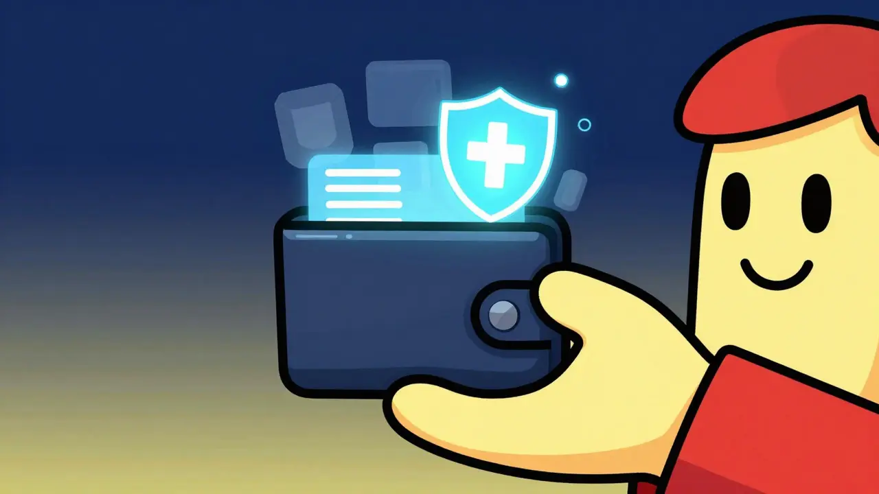 Character showing hidden credentials via glowing digital wallet interface
