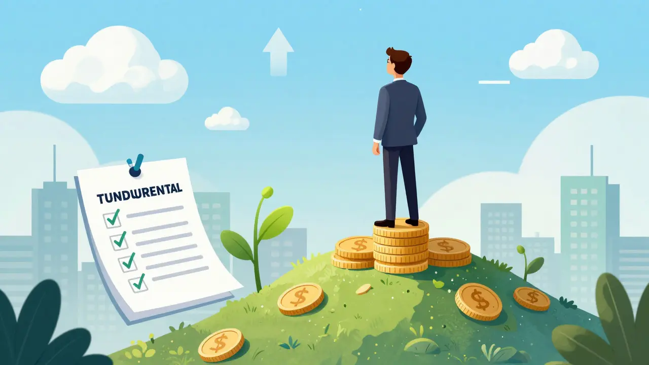 Confident investor on a coin mountain with a checklist in a cartoon illustration