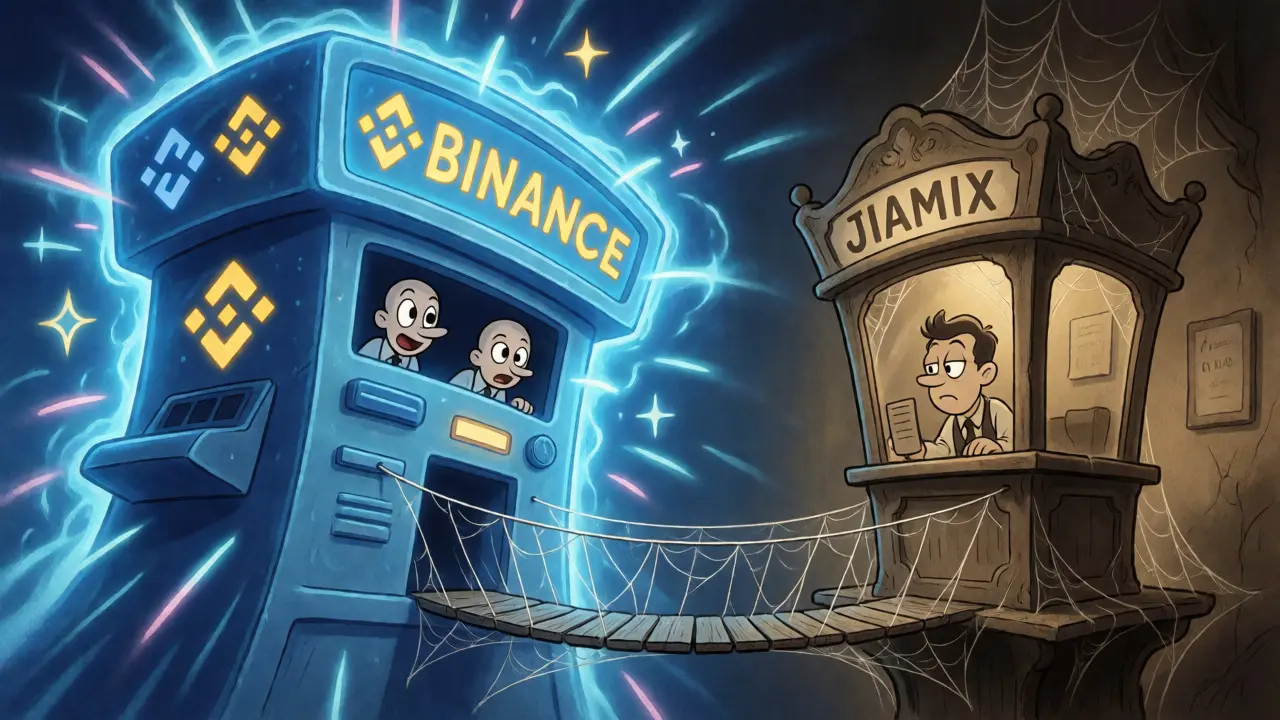 Contrast between busy major exchange and quiet Jiamix kiosk via fragile bridge.